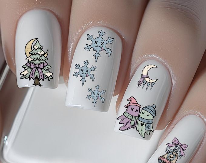 Gothic Winter Nail Art Water Decals, Creepy and Cute Ghost Skull Water Slide Nail Decals