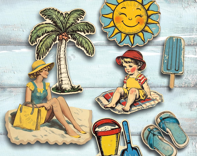 Retro Beach Sticker Set - Vintage Beach Holiday - Palm Tree, Flip-Flops - Beach Bag, Ice Cream Stickers, Sun, Nostalgia