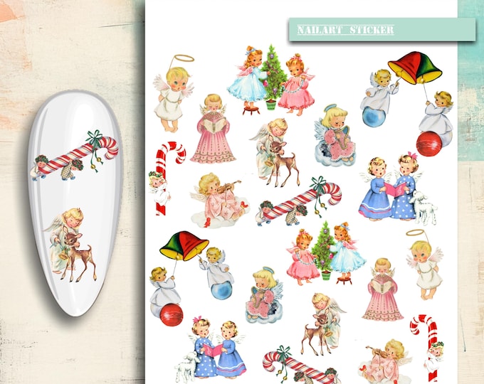 Christmas nail art, nail stickers, vintage Christmas angels, Christmas children, candy canes