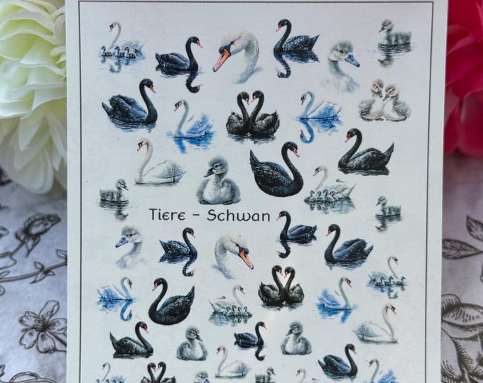 Swan Nail Art Water-Slide Decals, Animal Nail Stickers, White Swan, Black Swan