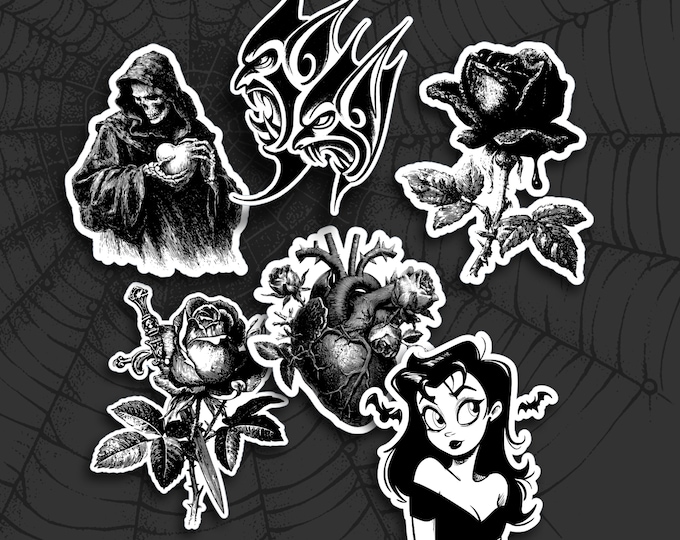 Gothic/Halloween Stickers - Black Design, Waterproof, Matte/Glossy, Enamored Ghost, Rose, Vampire