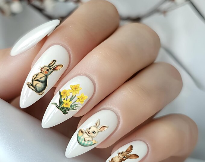 2D Retro Easter Nail Stickers, Spring Decals, Waterslide Nail Art Stickers