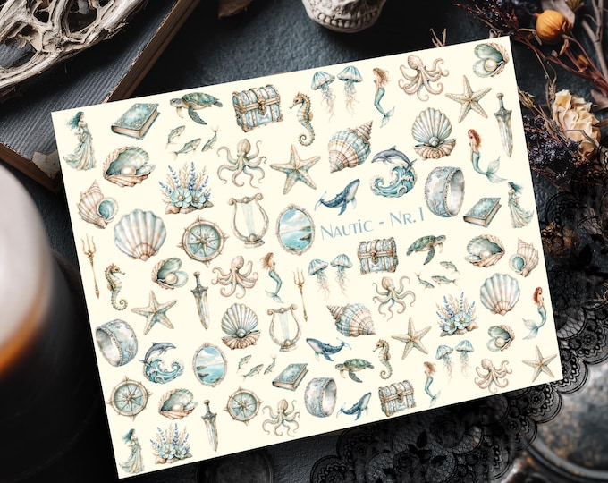Nautical/Ocean-themed water-slide decals, nail art for fingernails, water-transfer nail stickers