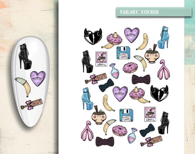 Nail stickers, nail tattoos, nail art, waterslide decals, creepy, sex, slut, cute