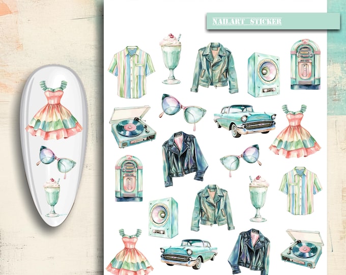 Nail Stickers / 50s Nail Stickers / 50s Retro / Water Nail Decals / Sock Hop Nail Art / Jukebox