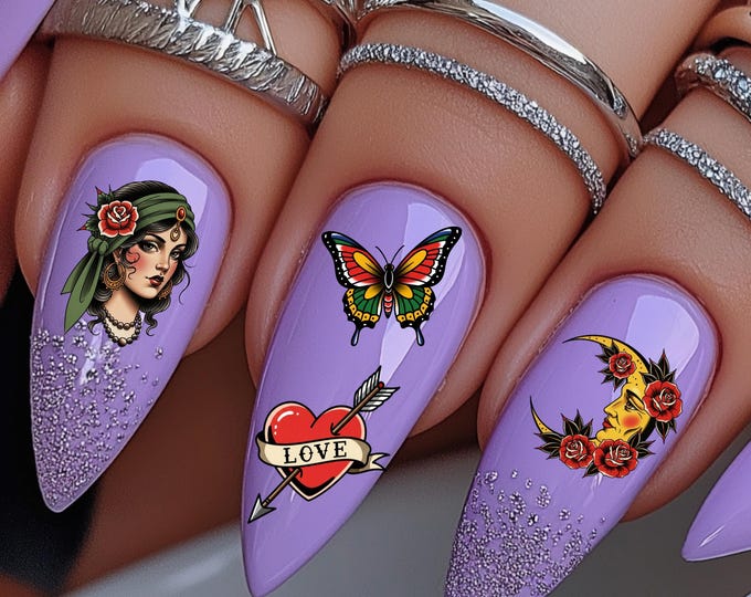 Old school vintage water slide nail stickers, antique pin up, retro tattoo