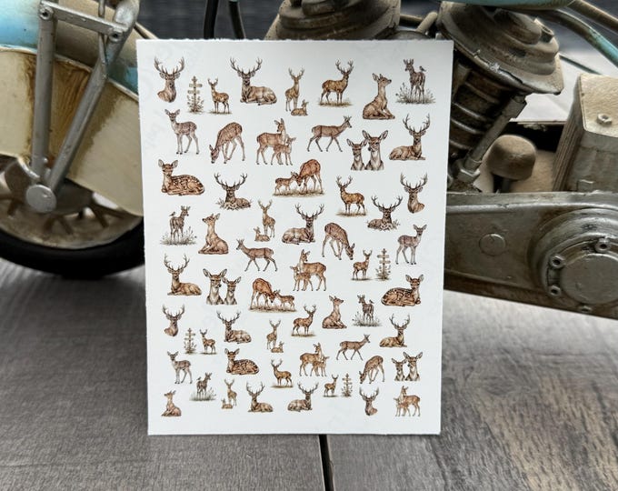 Vintage Deer Water-Slide Nail Decals, Pencil Sketch Style Nail Art Stickers, Forest Deer, Woodland Animals