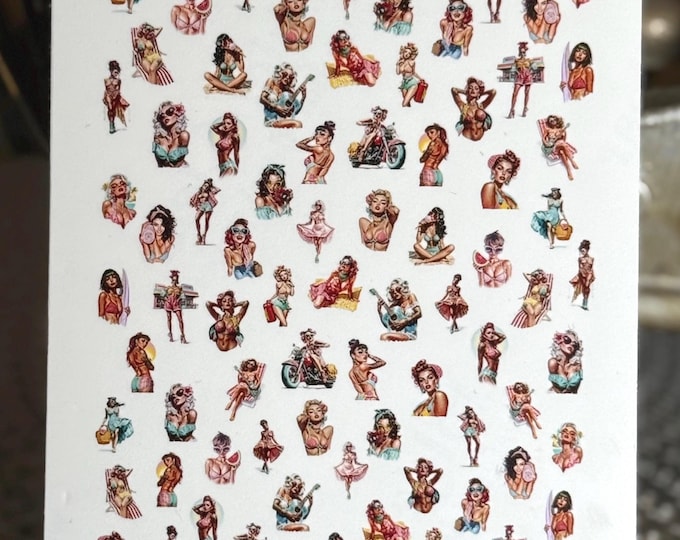 Rockabilly Summer Girls Water Slide Nail Stickers, Retro Vintage Beach, Tropical Pinup Nail Art