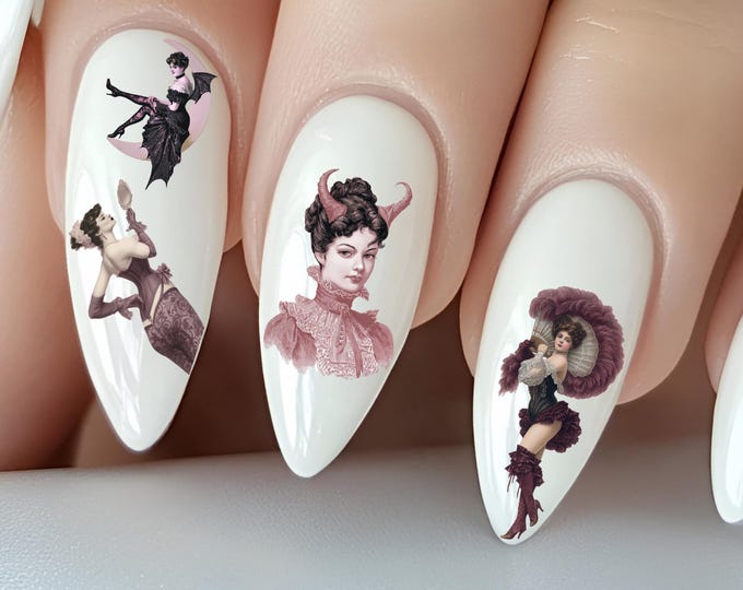 Burlesque pin-up water nail stickers, water slide stickers for nails, nail stickers featuring scantily clad women, corsets, and stockings