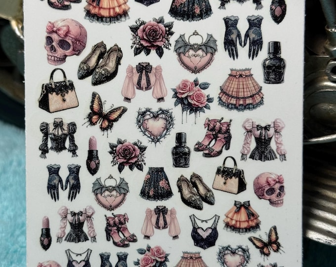 Gothic coquettish nail art waterslide stickers for nails, nail stickers with a creepy cute aesthetic, occult