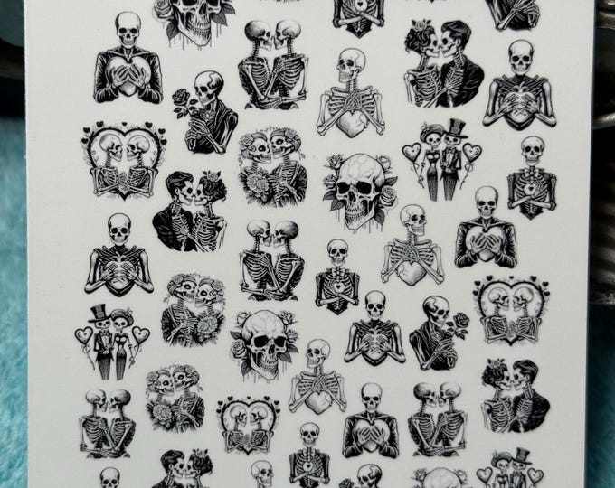 Valentine's Day Skeleton Couples Nail Art Water Slide Stickers for Nails, Rose Skull Nail Stickers