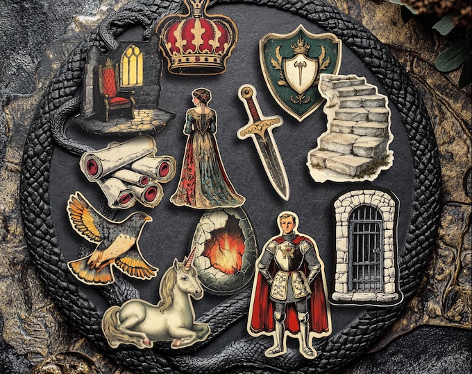 Medieval Fantasy Stickers – Fairytale-style stickers – Unicorn, knight, coat of arms, dragon egg, scrolls
