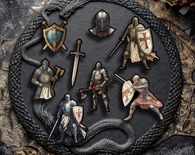 Medieval Fantasy Stickers – Fairytale-style stickers – Knights, coats of arms, swords, knight's armor