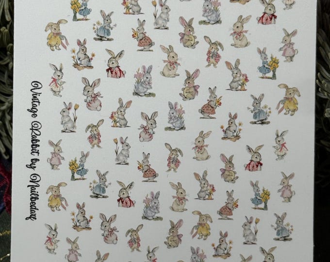 2D Easter Nail Art Water Slide Nail Stickers, Cute Vintage Bunny Decals for Nails