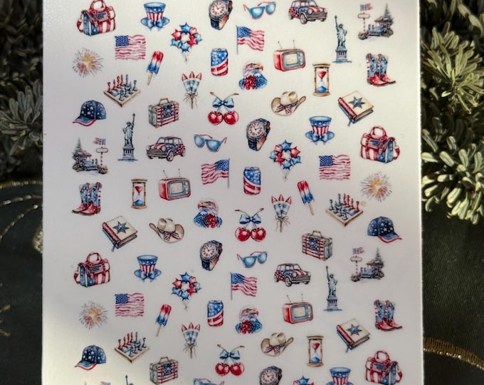 July 4th Nail Stickers, Water Slide Stickers for Nails, Nail Art Fireworks, Retro July 4th, Holiday