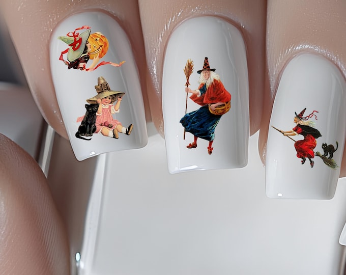 Witchy Halloween water nail stickers, water slide stickers for nails, nail stickers witch on broomstick, pumpkin, cauldron