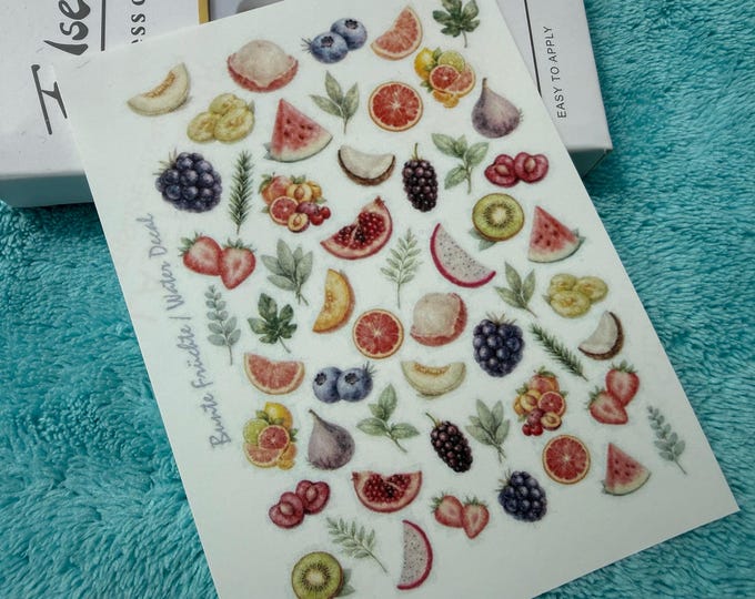 Watercolor fruit water-slide nail stickers – summer designs featuring kiwi, watermelon, and strawberry.
