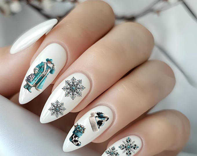 Country Christmas nails, waterslide decals, cowboy turquoise, winter Christmas, snowflake, Santa hat, cow pattern, cowboy boots