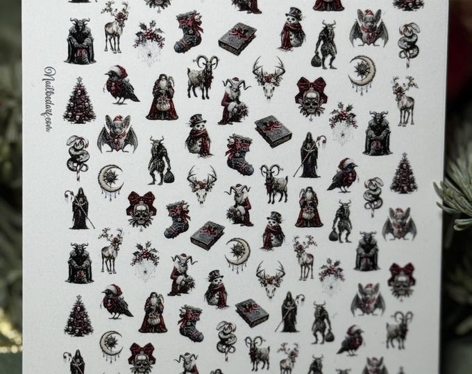 Gothic Krampus nail stickers, Christmas nails, spooky nail art, waterslide decals, stickers, reindeer, black Christmas