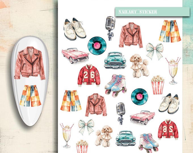Nail Stickers / 50s Nail Stickers / 50s Retro / Water Nail Decals / Sock Hop Nail Art / Jukebox