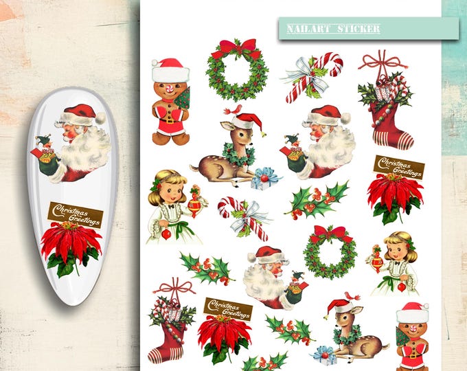 Christmas nail art, nail stickers: vintage Christmas angels, Santa Claus, and candy canes