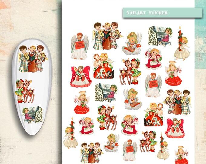 Christmas nail art, nail stickers, vintage Christmas angels, Christmas gifts, candy canes