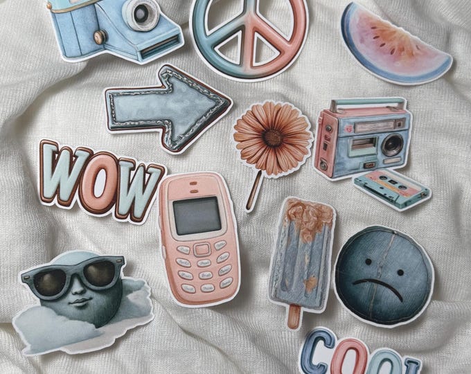 Mini Sticker Set - Retro Denim Stickers - Vinyl Stickers - Peace - Camera - Wow - Retro Cell Phone - Melon