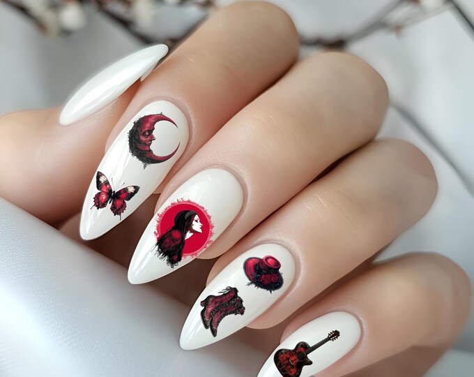 Gothic Nail Stickers, Water Nail Decals, Red and Black Nail Art