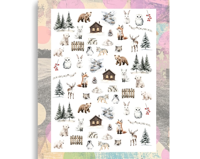 Winter Woodland Animals Nail Stickers - Waterslide Nail Decals - Nail Art Christmas Forest, Winter, Snow, Cute Woodland Animals