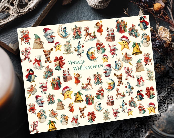 Vintage Christmas Water-Slide Decal Stickers, Nail Art for Nails, Fingernail Decals, Wet-Transfer Nail Decals