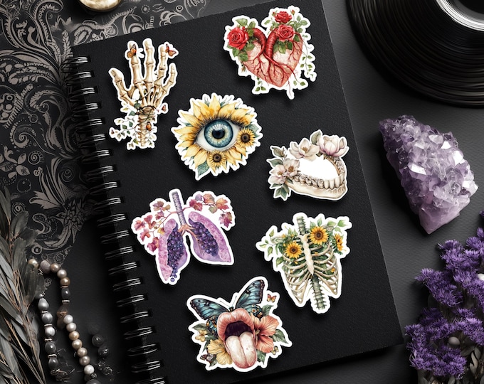 Anatomy Floral Stickers, Flower Heart, Flower Eye, Floral Skeleton Hand, Teeth, Lungs - Matte/Glossy Waterproof
