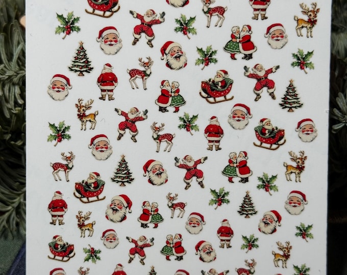 Nail art stickers Christmas, retro Christmas time, snowman, elf, Christmas tree, poinsettia, winter, nail stickers, nail tattoo