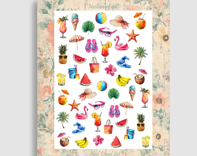 Summer Waterslide Nail Stickers - Summer Vacation, Sea Creatures, Delicious Fruits and Cocktails, Beach Vacation