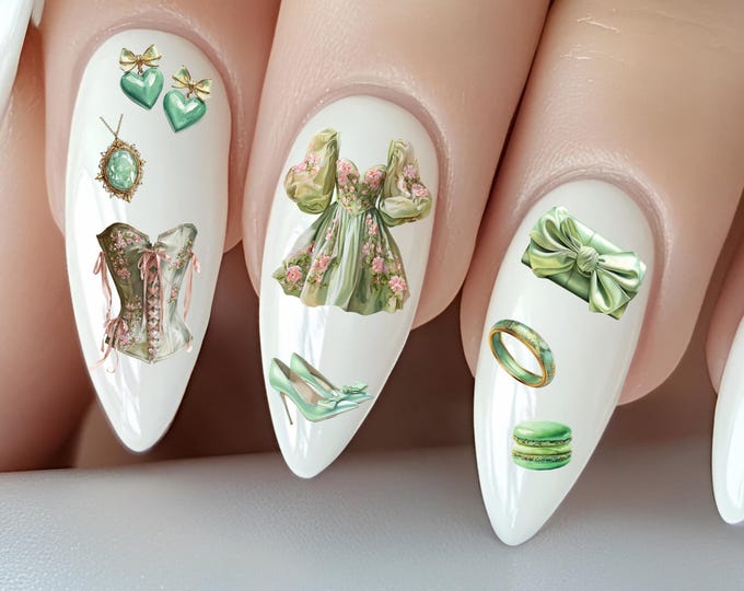 Vintage Lifestyle Water Slide Nail Stickers, Holiday Nail Stickers, Cottagecore, Cozy Green