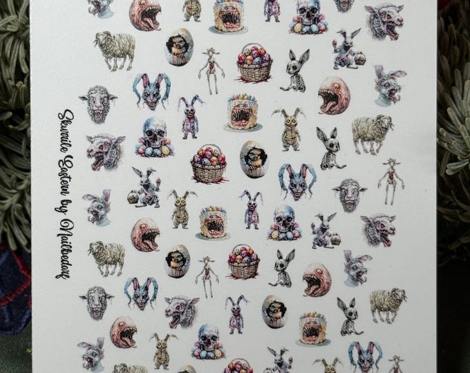 2D Quirky Easter Nail Stickers, Horror Easter Bunny Decals, Waterslide Nail Art Stickers