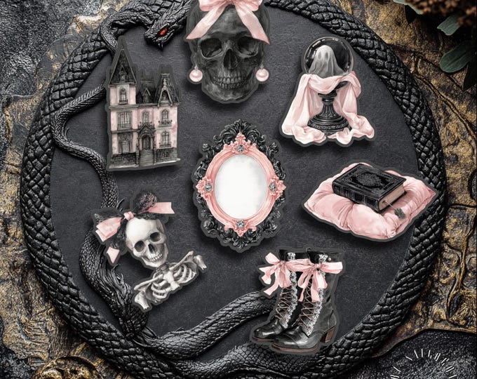 Gothic Halloween Sticker Set, Skull with Bow, Skeleton, Mirror Fantasy Stickers