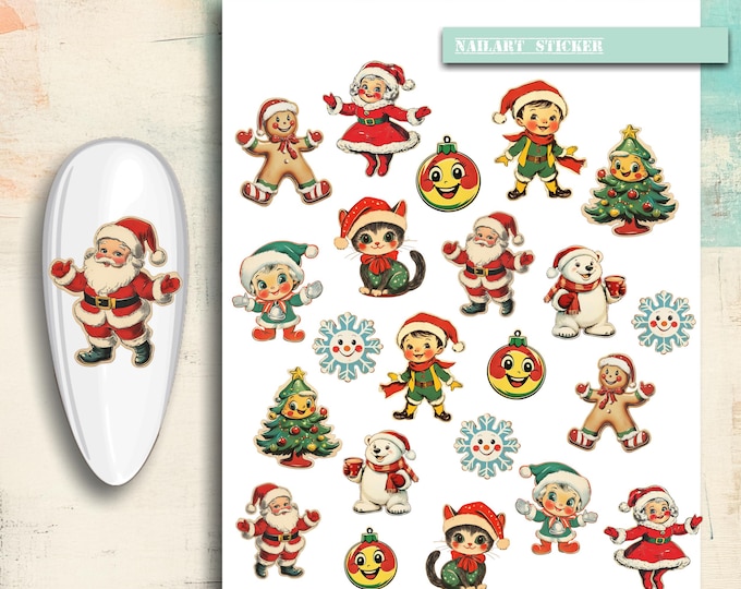 Nail art stickers Christmas, antique Christmas, elf, gnome, Christmas tree, poinsettia, winter, nail stickers, nail tattoo