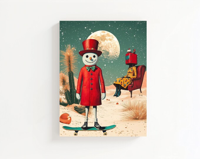 Surreal Christmas Desert Poster, Man on the Moon, Color Poster, Wall Art, Art Print, Wall Poster