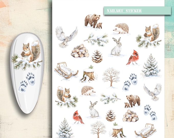 Nail stickers, nail tattoo nail art, winter, brown bear, squirrel, hedgehog, owl, nail art stickers nature, trees, fox