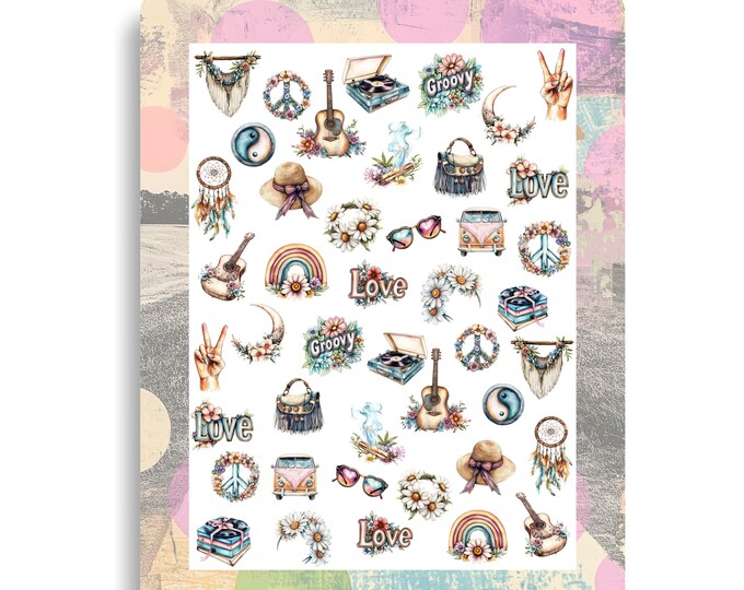 Flower Power Hippie Nail Stickers - Waterslide Nail Decals, Woodstock Festival, 70's Nostalgia Nail Art