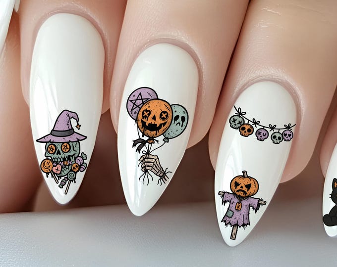 Spooky Halloween nail stickers, water slide nail art stickers for nails, trick or treat, ghost, scarecrow, pumpkin