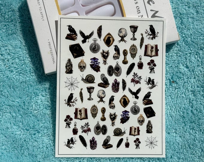 Gothic Fantasy Water Nail Stickers, Water-Slide Decals, Nail Art Stickers (Raven, Feather, Spiderweb)