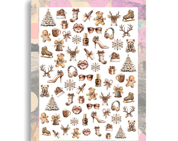 Christmas nail stickers | Water-slide tattoo nails | Leopard print nail art | Female kiss print lipstick | Winter Christmas tree nail polish