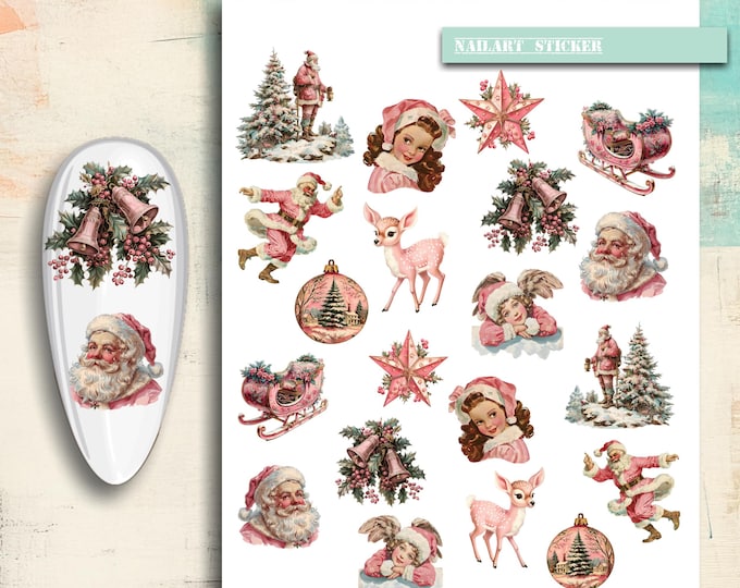 Nail art stickers Christmas, pink Christmas, elf, gnome, Christmas tree, poinsettia, winter, nail stickers, nail tattoo