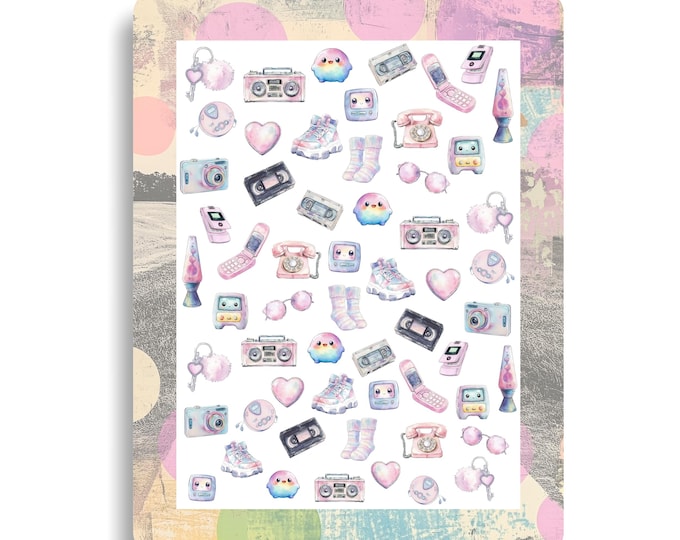 Y2K Pastel Nail Stickers - Waterslide Nail Decals - Millennial Style, Design Elements, Watercolor, Flip Phone