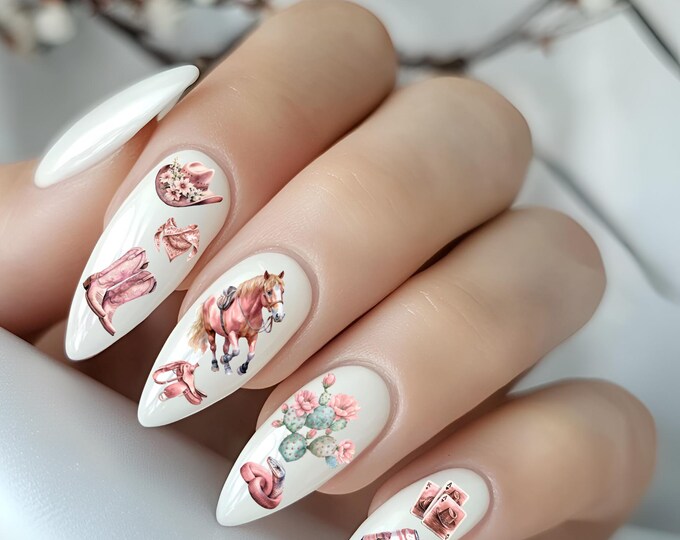 Country Western Waterslide Nail Decals - Pink Cowgirl Cowboy Snake Horse Saddle Salon Cowboy Boots Cowgirl Hat Wild West