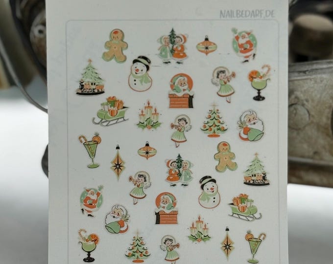 Nail Decals, Vintage Midcentury Modern Christmas, Waterslide Decals, Nail Stickers, Retro Christmas 1950s - 1960s