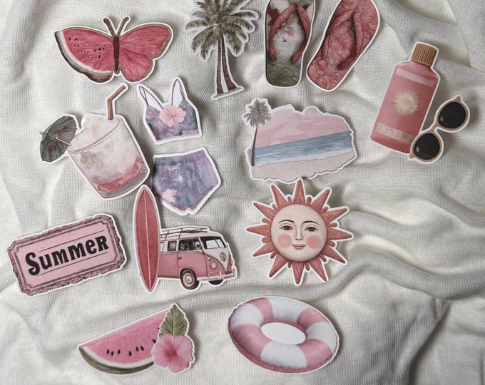 Sticker Set of 2 Mini - Retro Beach Vacation Stickers - Vinyl Stickers - Dusty Rose - Hibiscus - Bikini - Flip-Flops - Sun