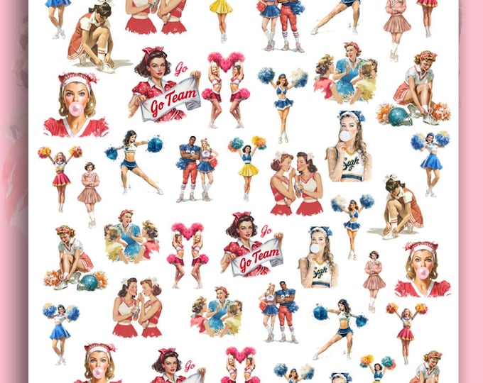 Cheerleader Nail Stickers - Old-School Nail Stickers - Water Slide Nail Art - Antique Cheerleaders