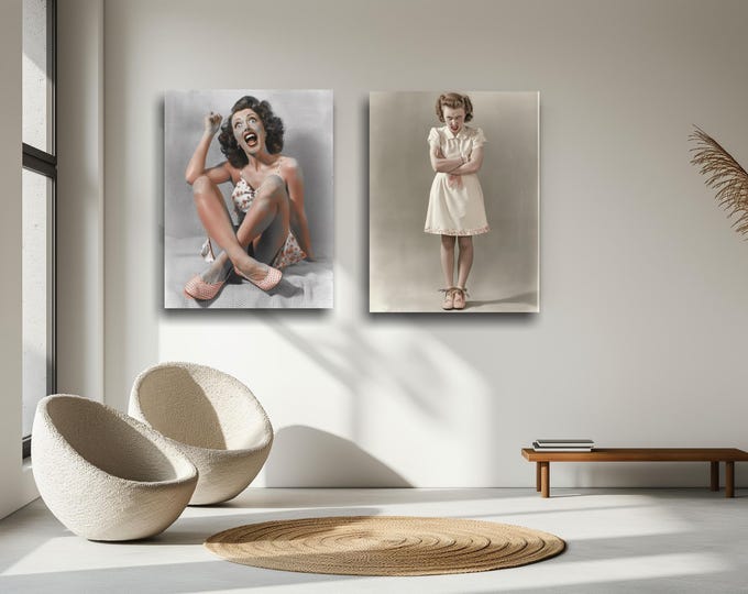 Posters - Funny Vintage Female Portraits, Female Expressions, Expressive Women, Vintage Girls on Canvas